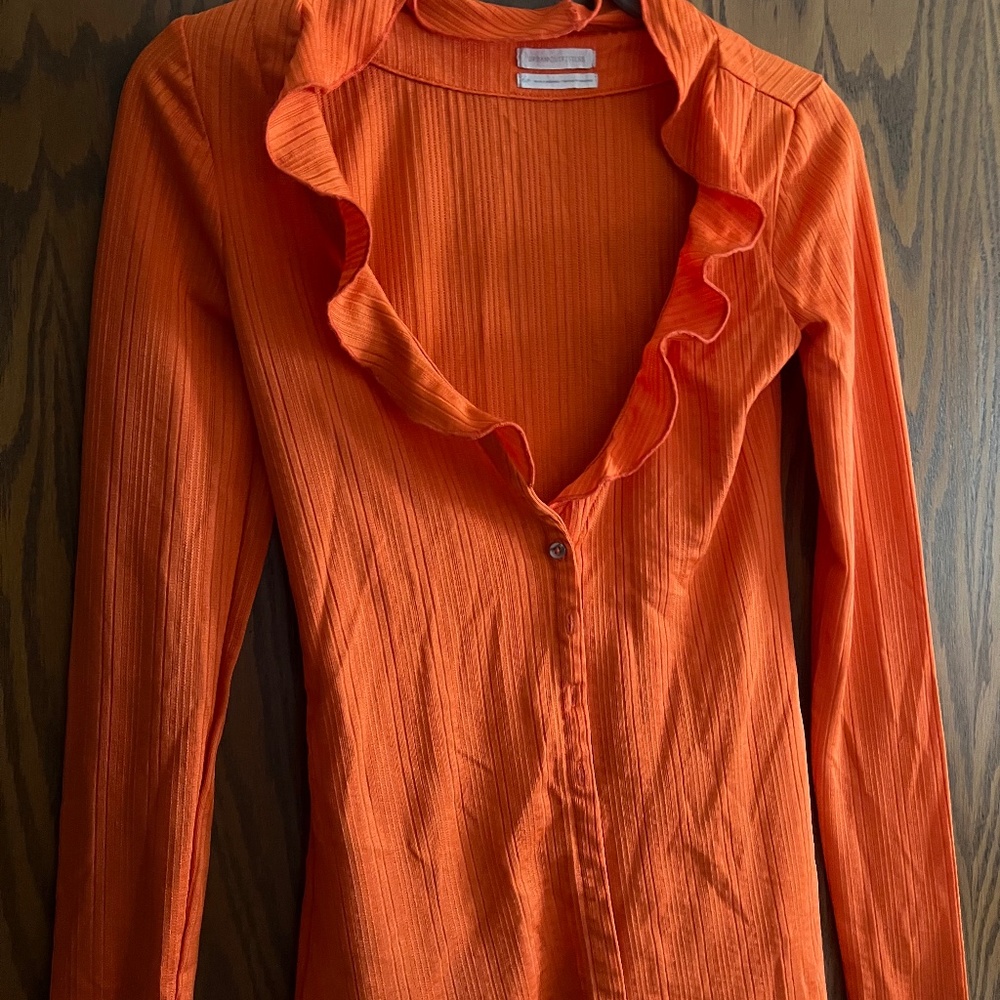 Urban outfitters orange button down ruffle top sweater